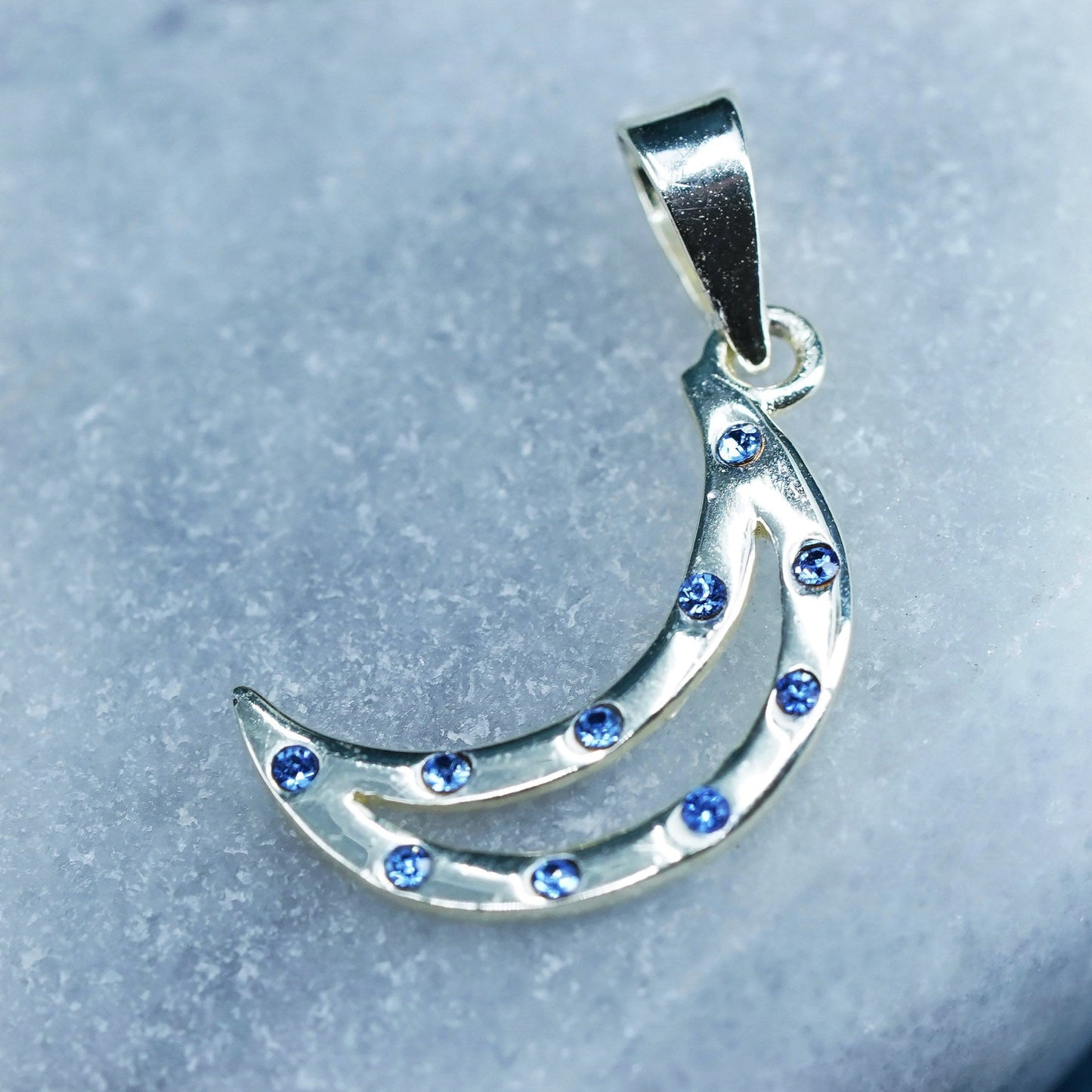 Vintage sterling silver handmade pendant, 925 moon charm with blue crystal