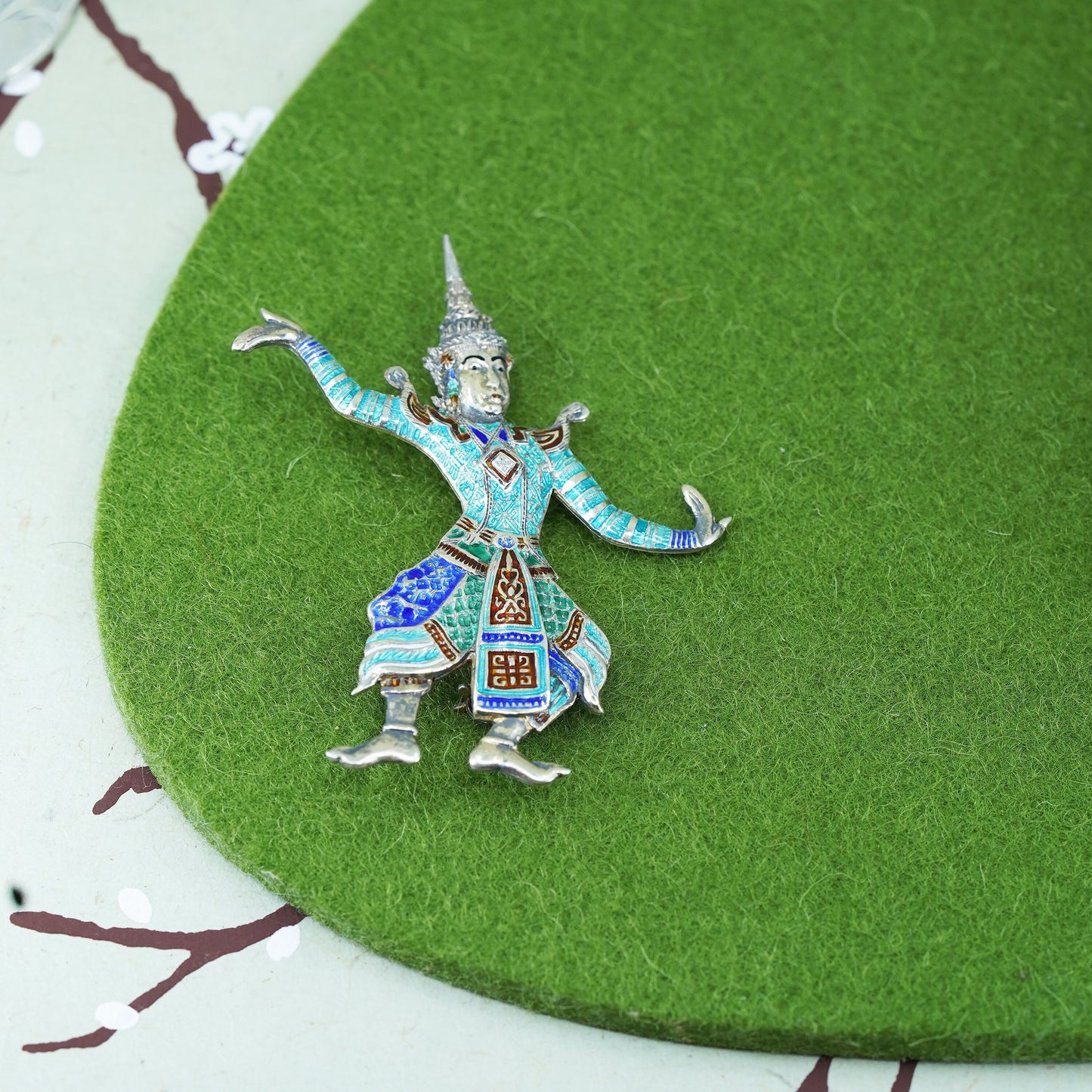 Vintage sterling silver handmade enamel brooch, Indian 925 goddess