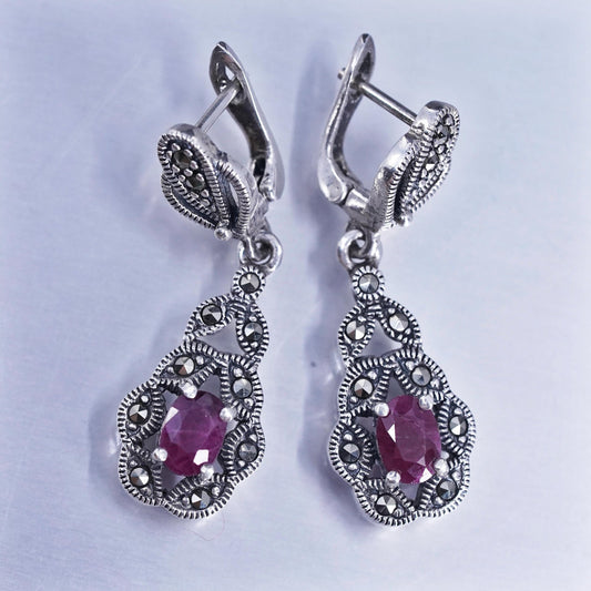 Vintage Sterling 925 silver teardrop earrings with ruby and Marcasite