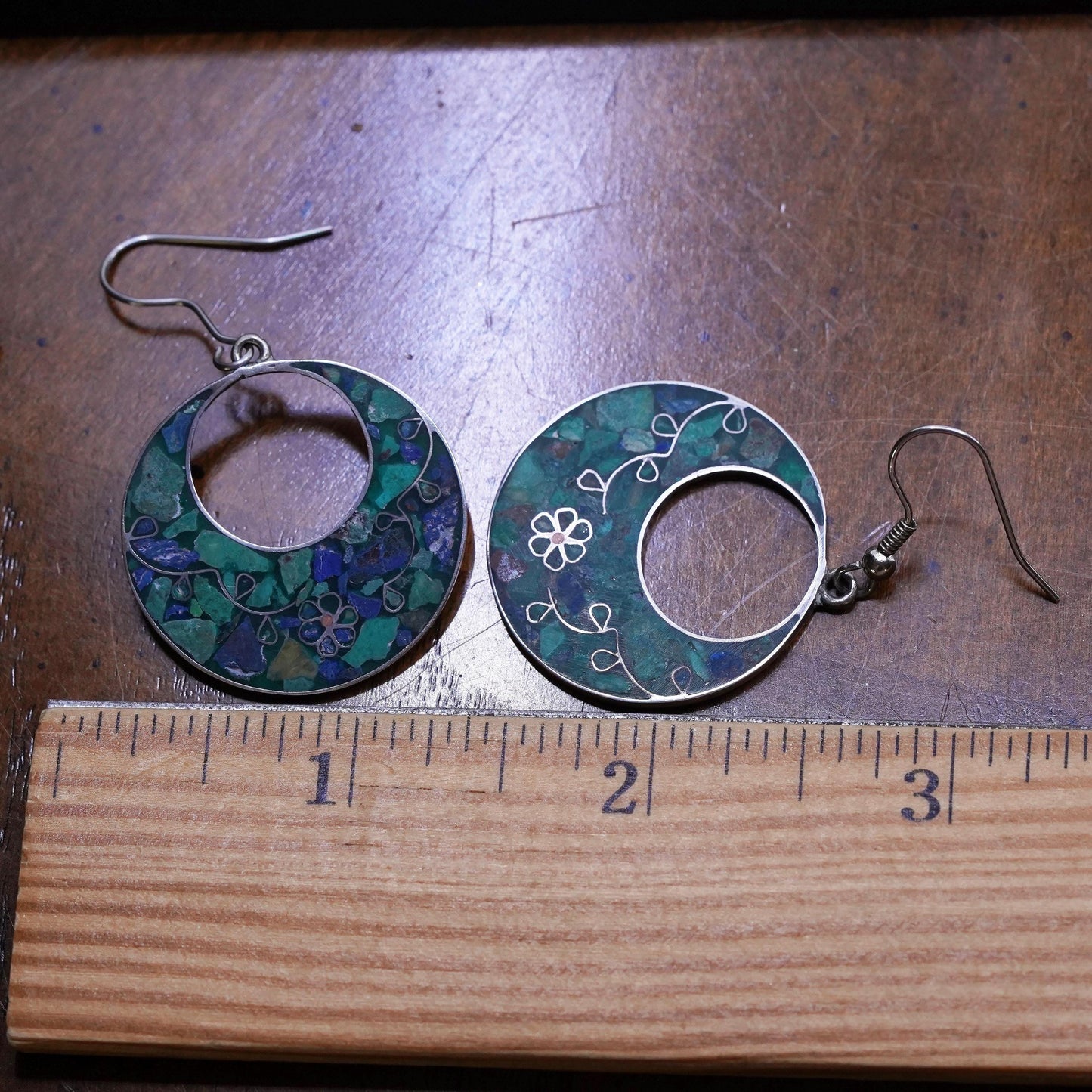 Vintage sterling silver handmade earrings, mexico 925 circle w/ turquoise inlay