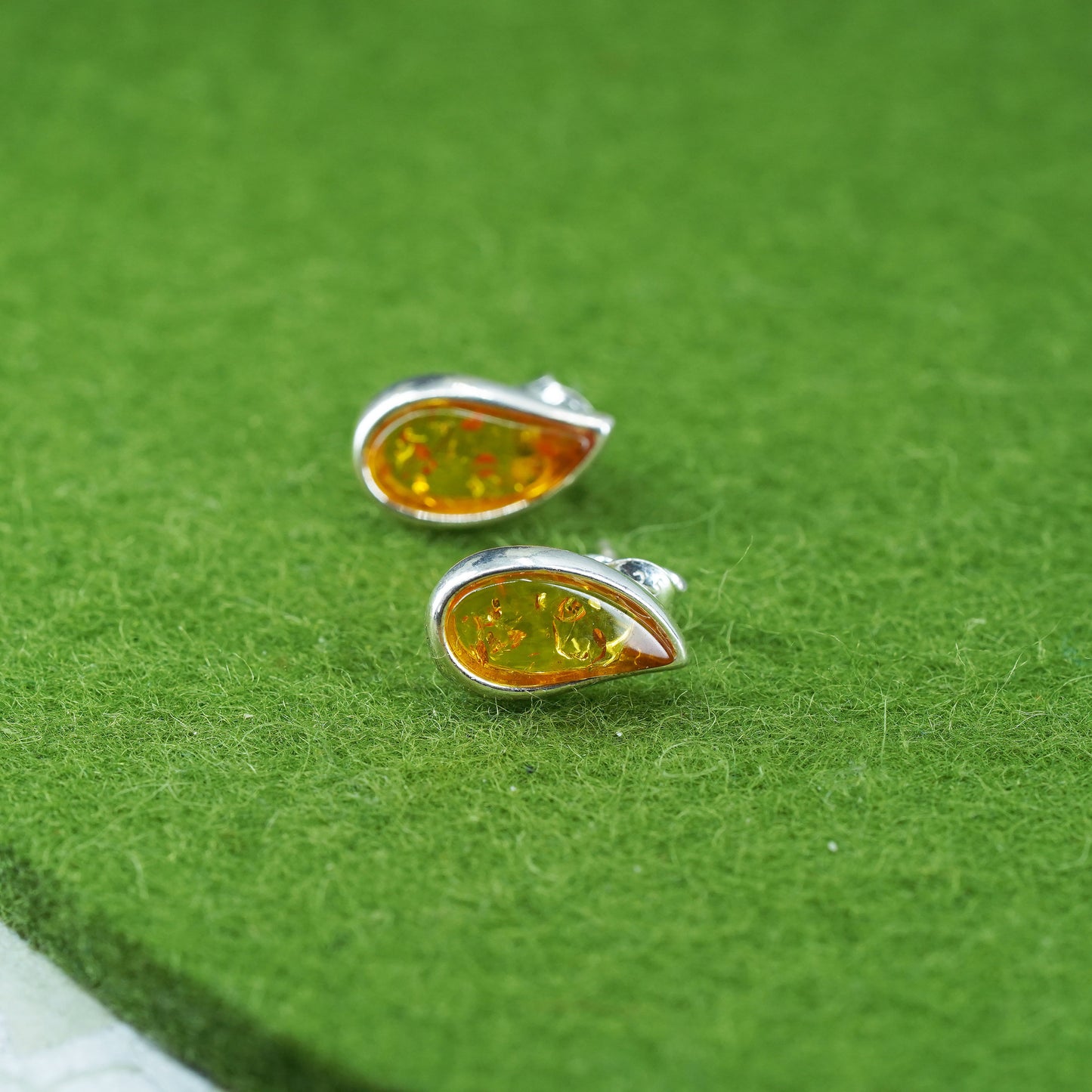 Vintage Sterling 925 silver handmade earrings with oval Amber studs