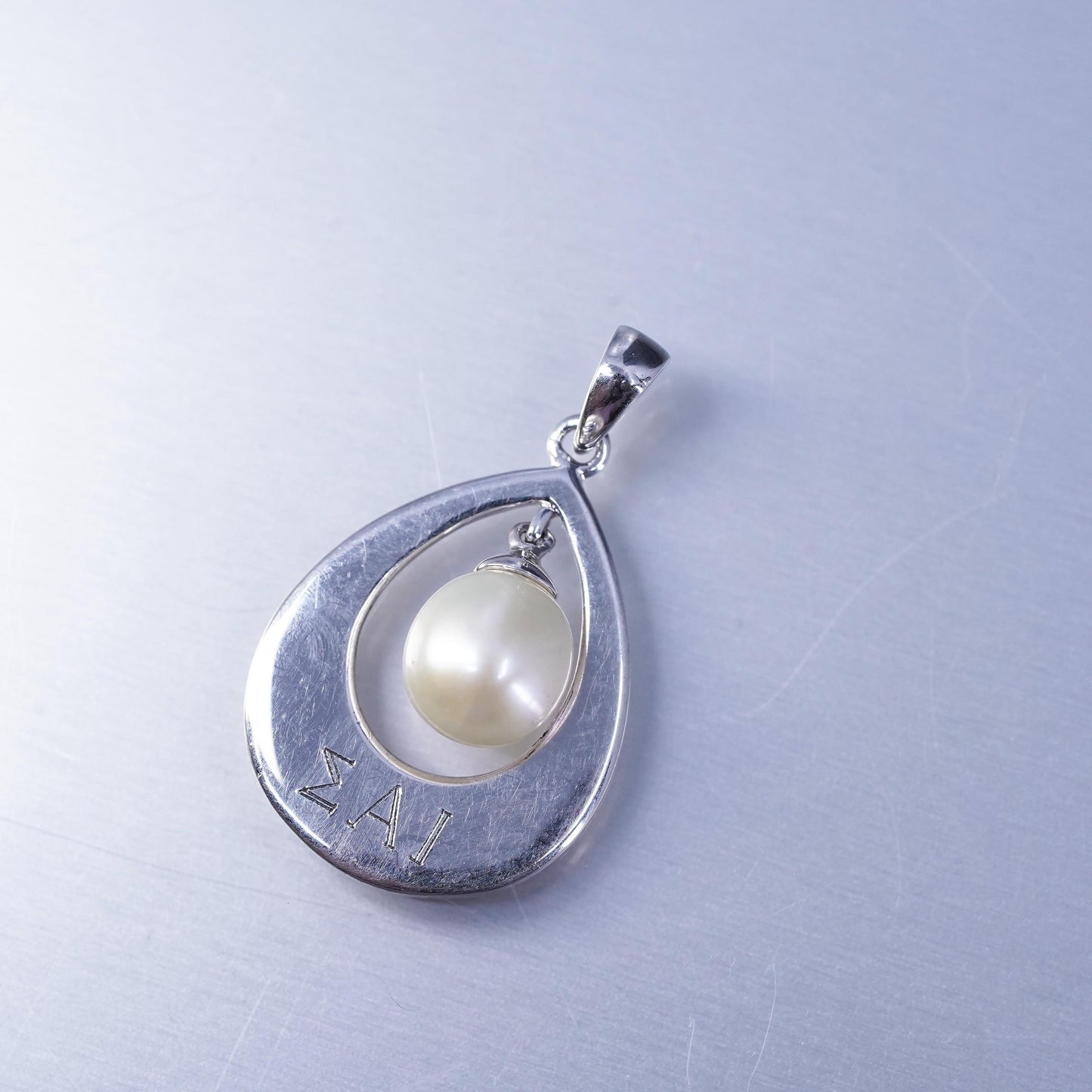 sterling 925 silver teardrop charm pendant with pearl engraved Sigma Alpha Lota