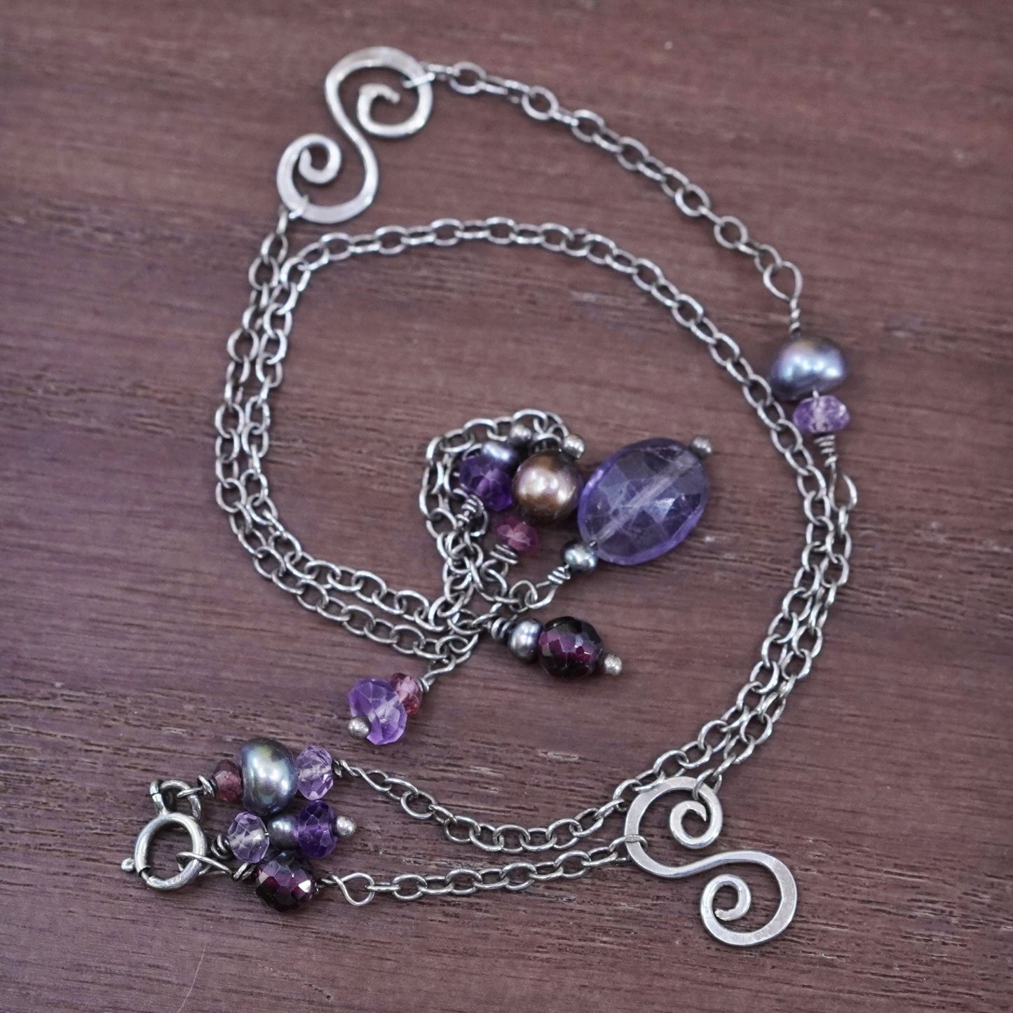 16”, sterling silver necklace, 925 circle chain pearl amethyst garnet pendant