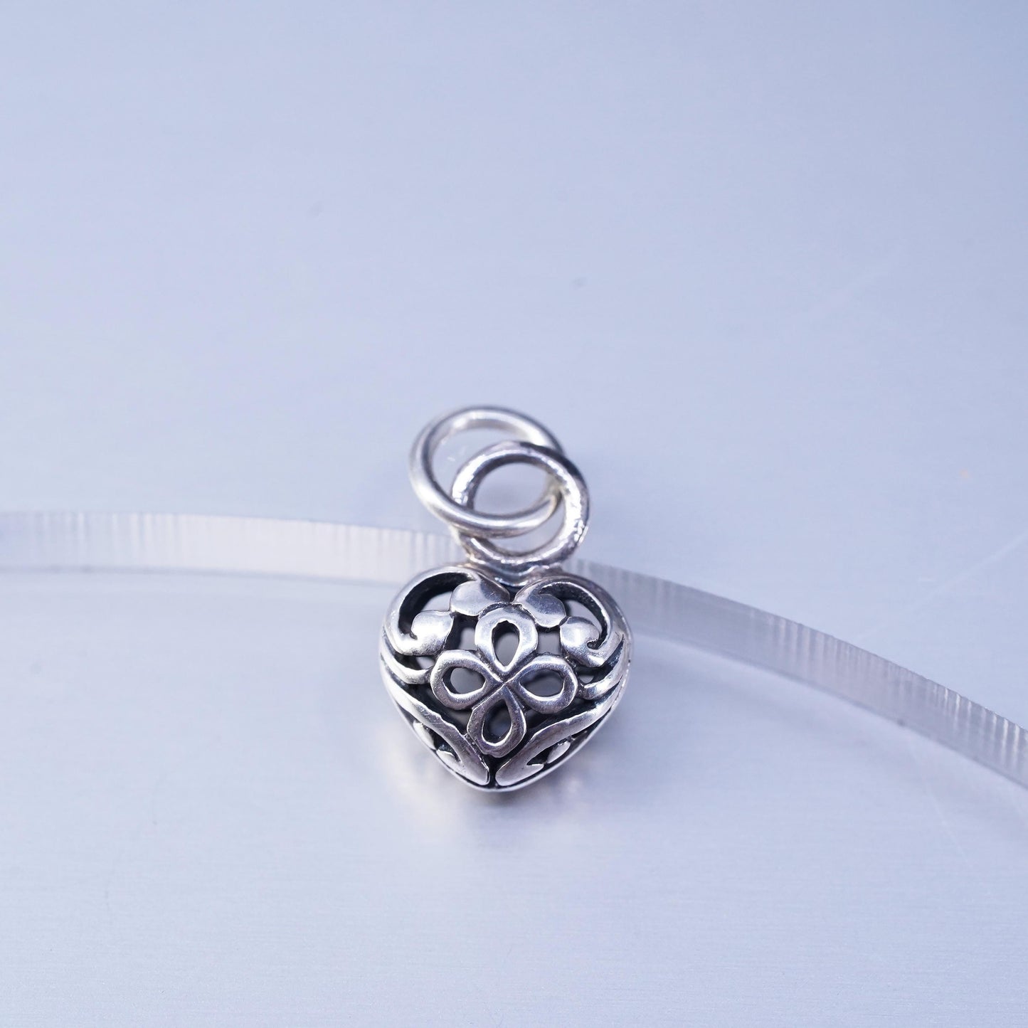 Vintage Sterling silver charm, 925 filigree heart pendant