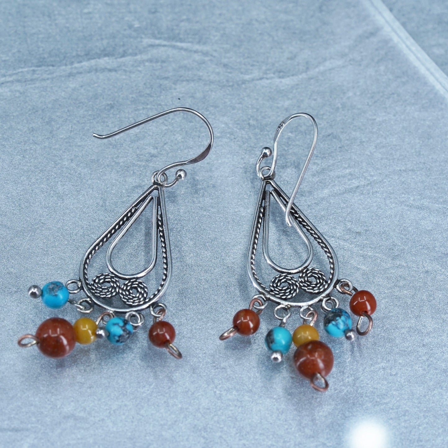 Vintage Sterling 925 silver filigree teardrop earrings with turquoise jasper