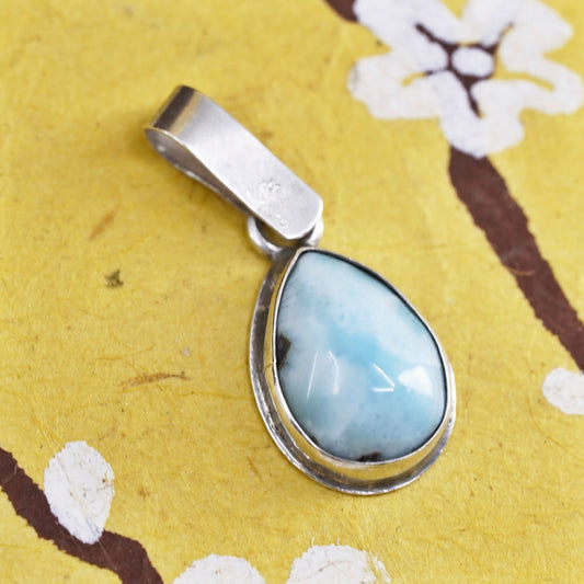 Vintage Sterling silver handmade pendant, 925 teardrop with Larimar