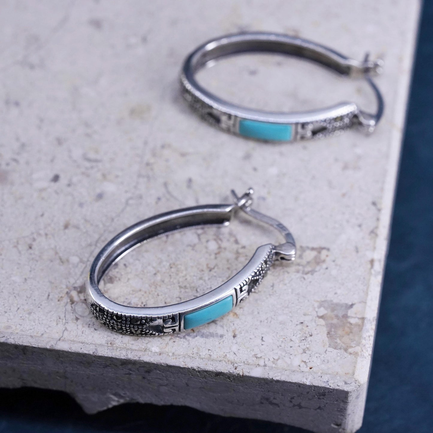 1.25", Mexican southwestern Sterling silver hoop earrings, 925 huggie turquoise