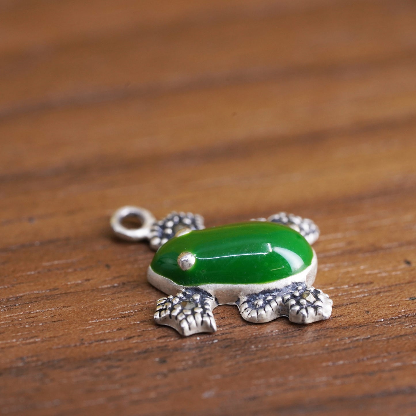 Vintage Sterling silver handmade charm, 925 green enamel glass frog