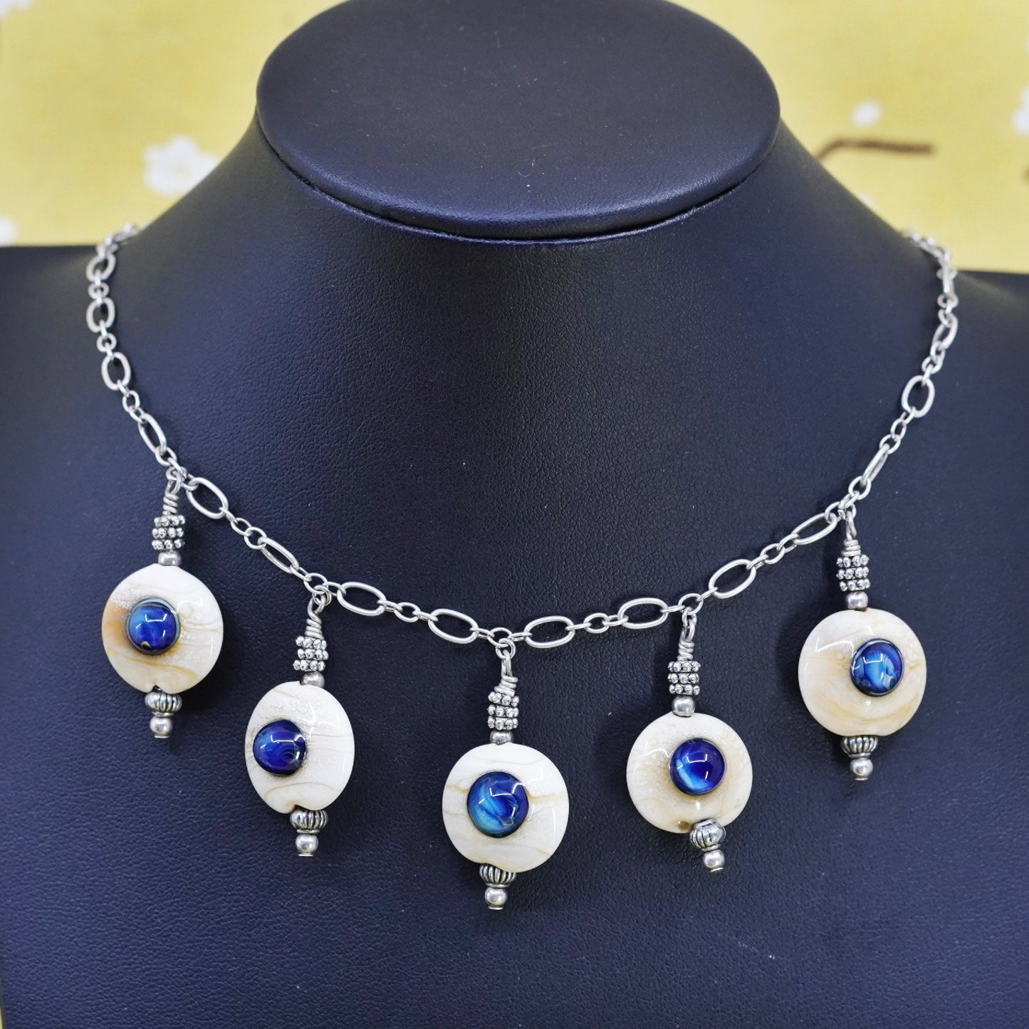 18”, sterling 925 Silver elongated chain necklace with shell evil eye pendants