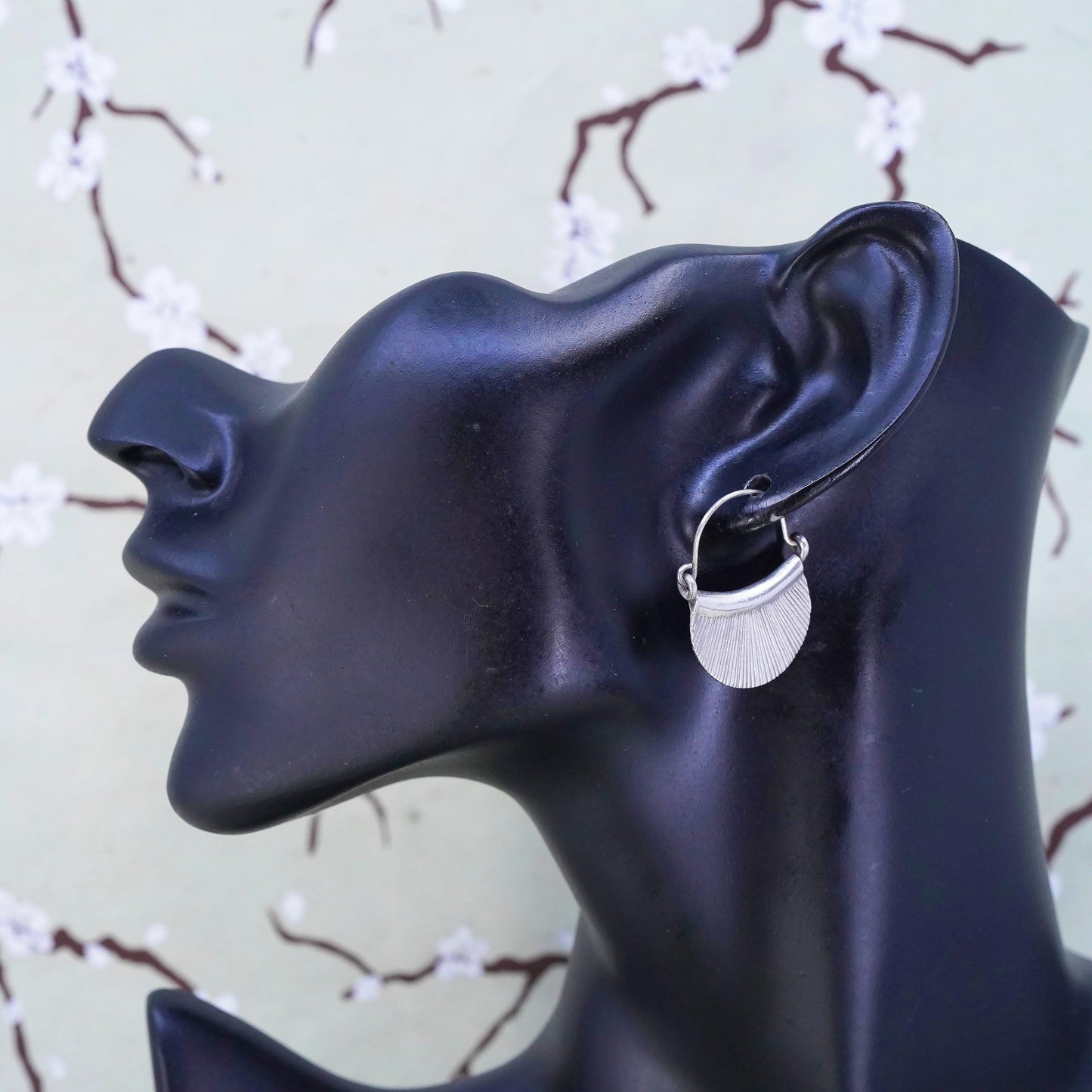 1" Vintage sterling silver handmade loop earrings, fan shaped primitive hoops