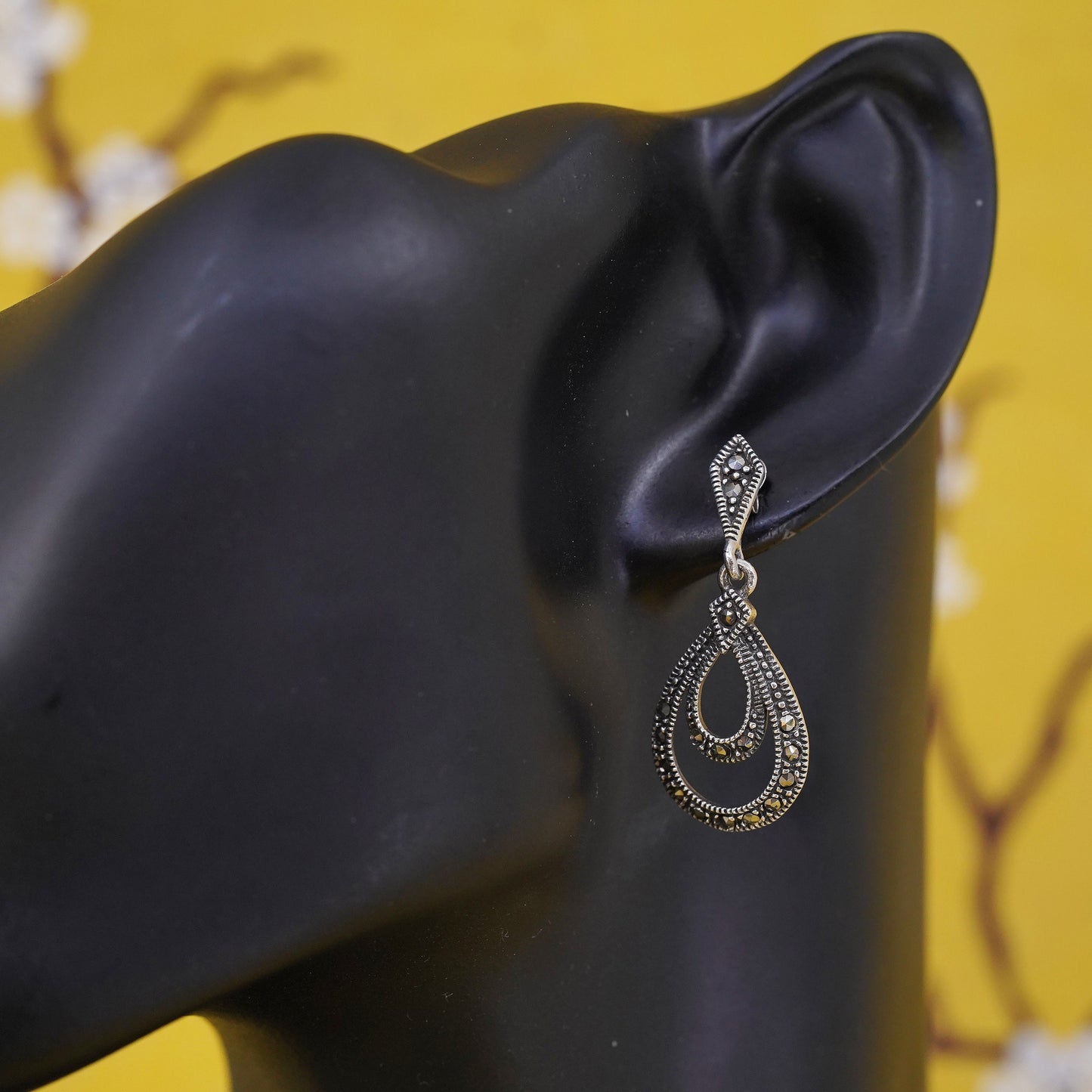 Vintage Sterling silver handmade earrings, 925 teardrop with marcasite