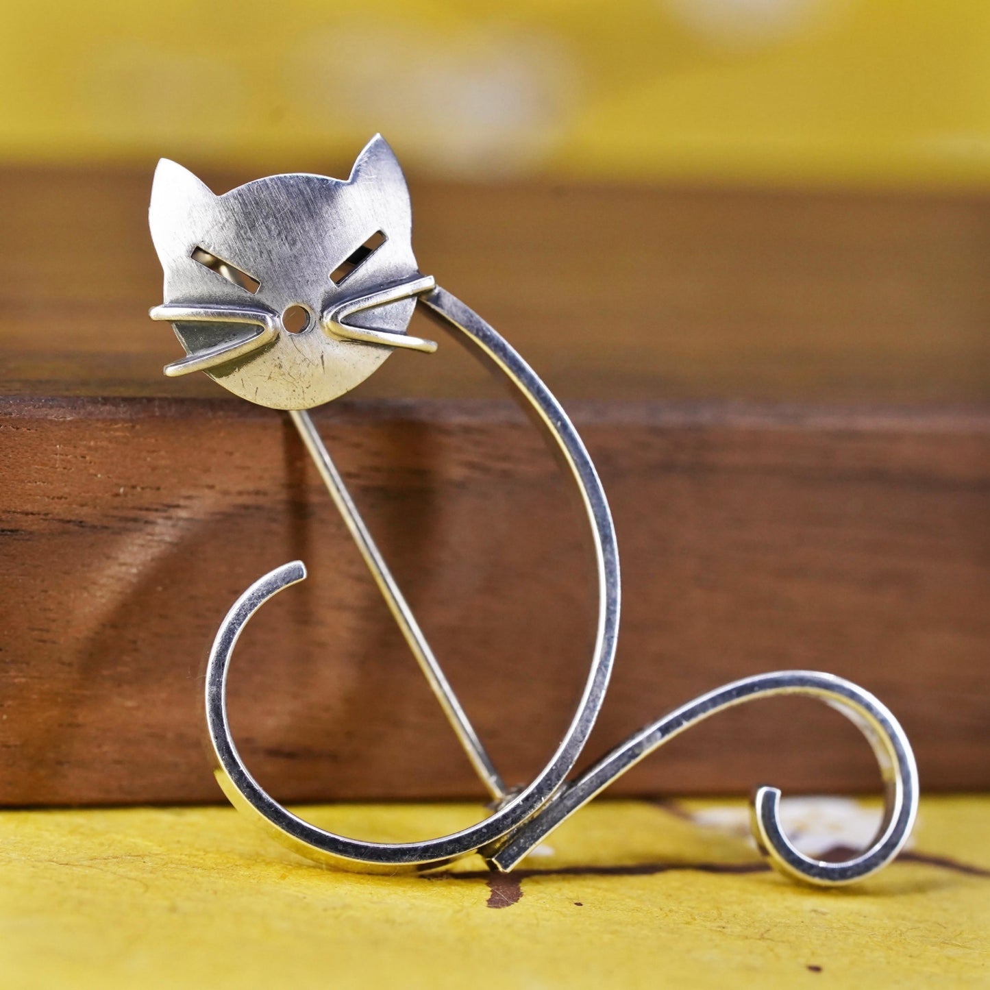 Vintage modern sterling 925 silver handmade kitty cat brooch pin