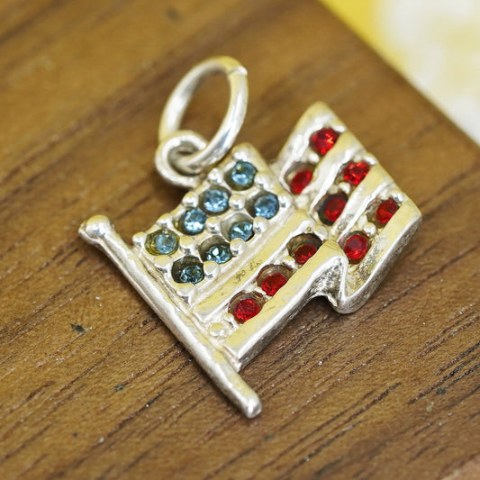 Vintage Sterling silver 925 American flag charm with cluster crystal, charm