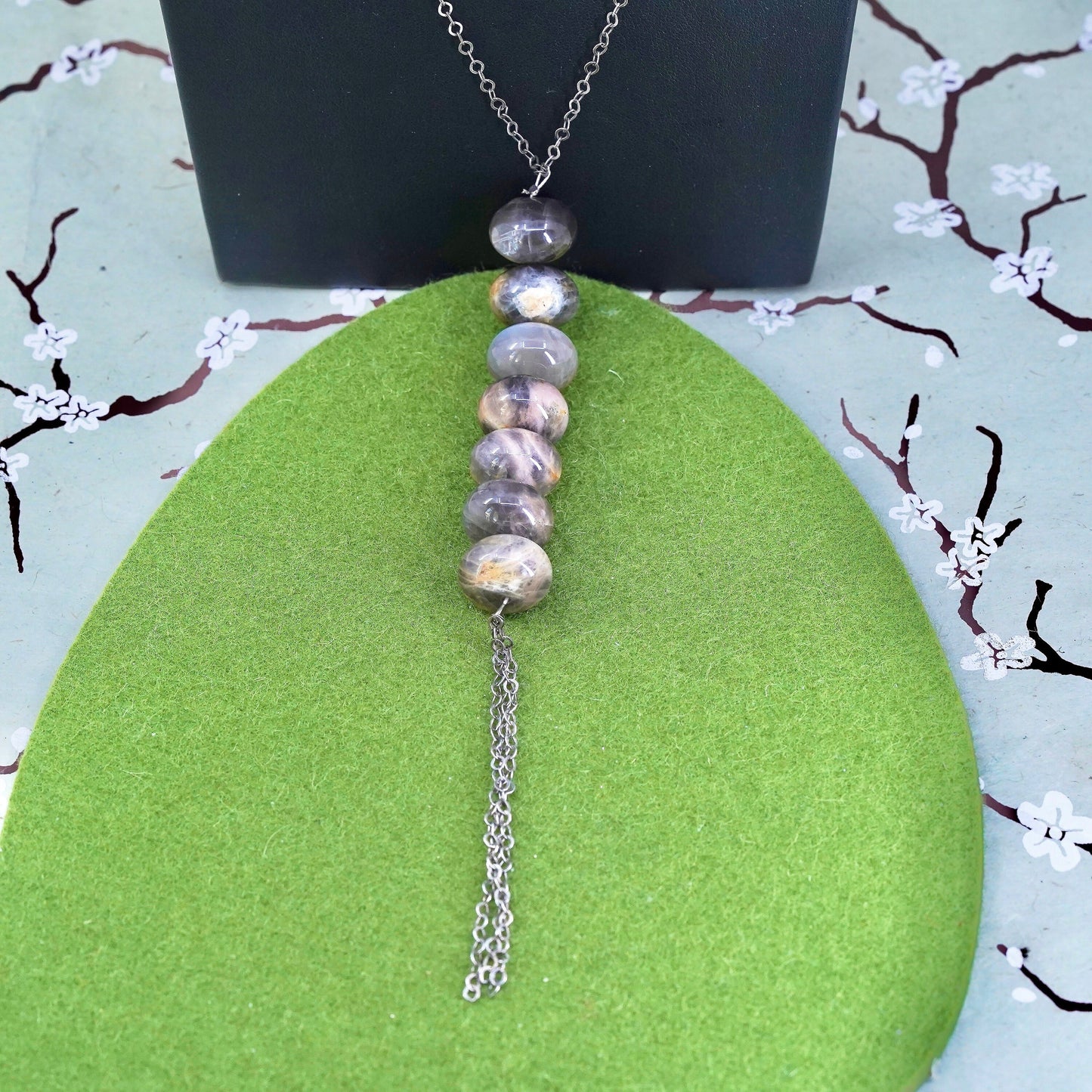 24", sterling silver necklace 925 flatten circle chain long labradorite Pendant