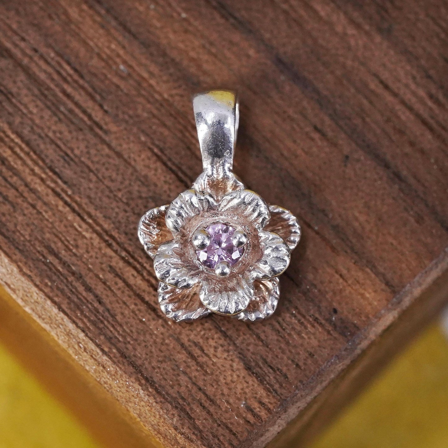 Vintage S. Fiori 925 Sterling Silver Pink CZ Flower Sliding Charm Pendant