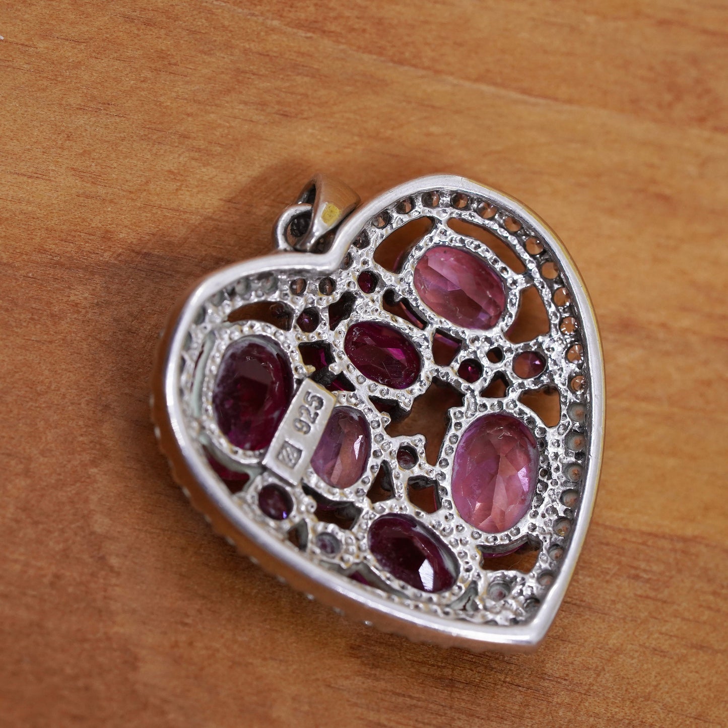 Vintage Sterling 925 silver handmade pendant heart cluster ruby pink crystal