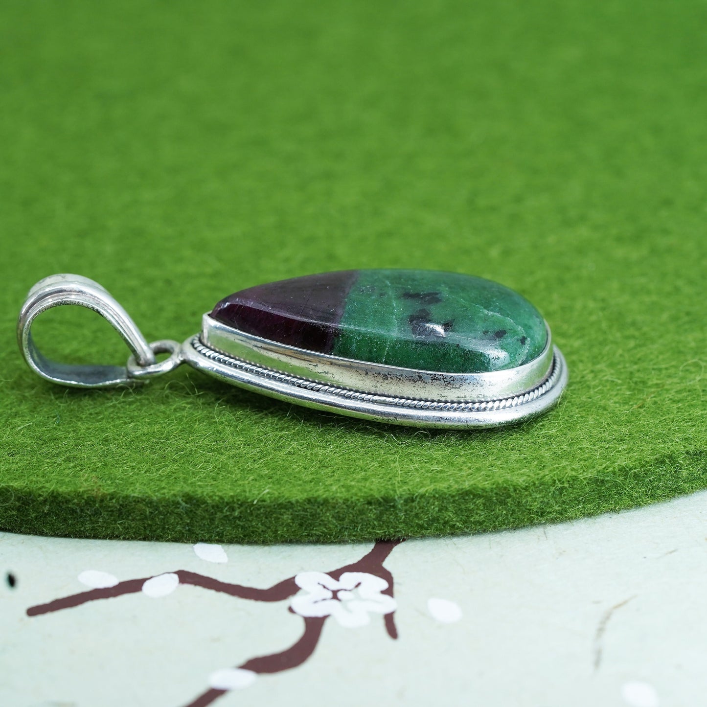 Vintage sterling silver handmade pendant, Mexican 925 teardrop w/ ruby zoisite