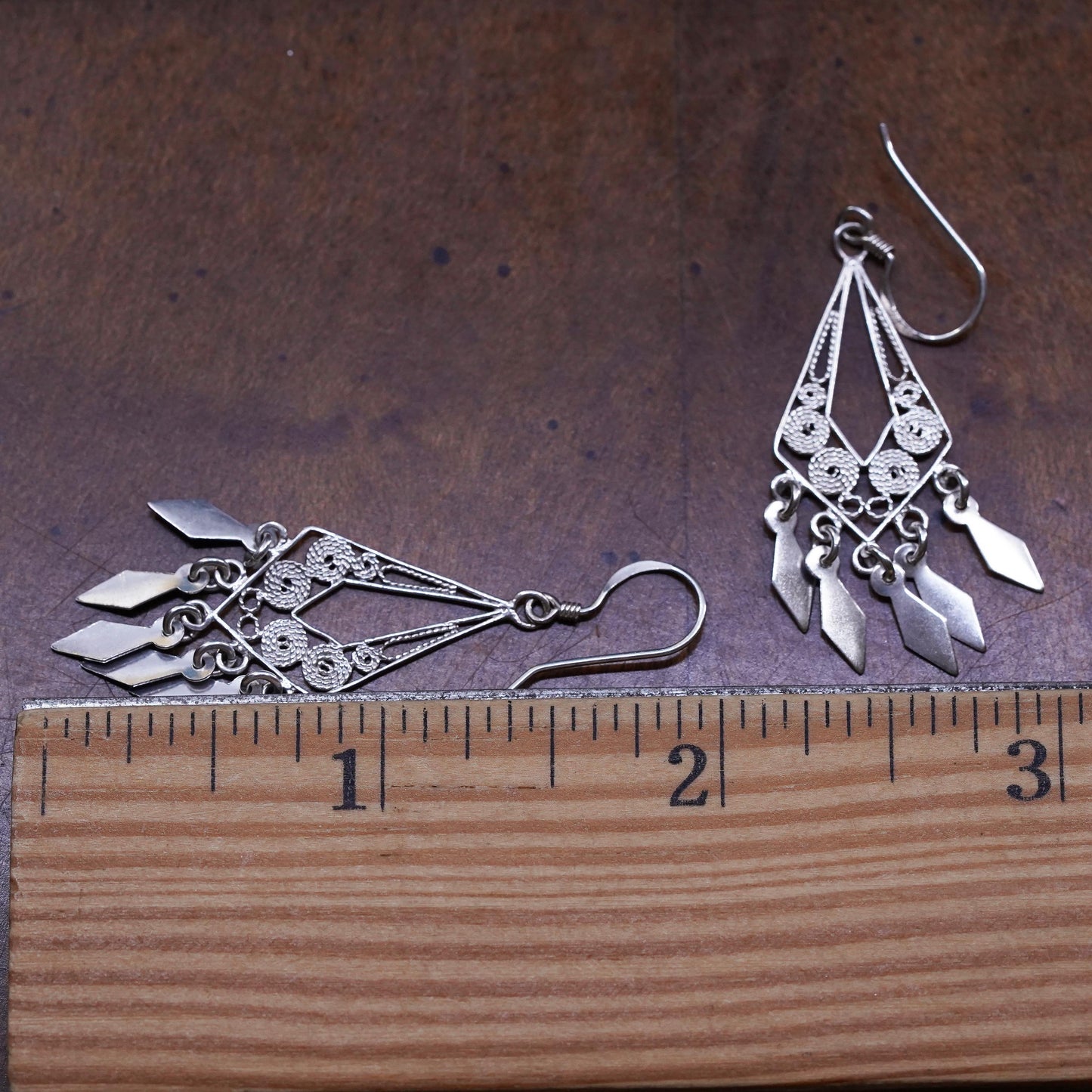 Vintage sterling silver handmade earrings, 925 filigree teardrop dangles