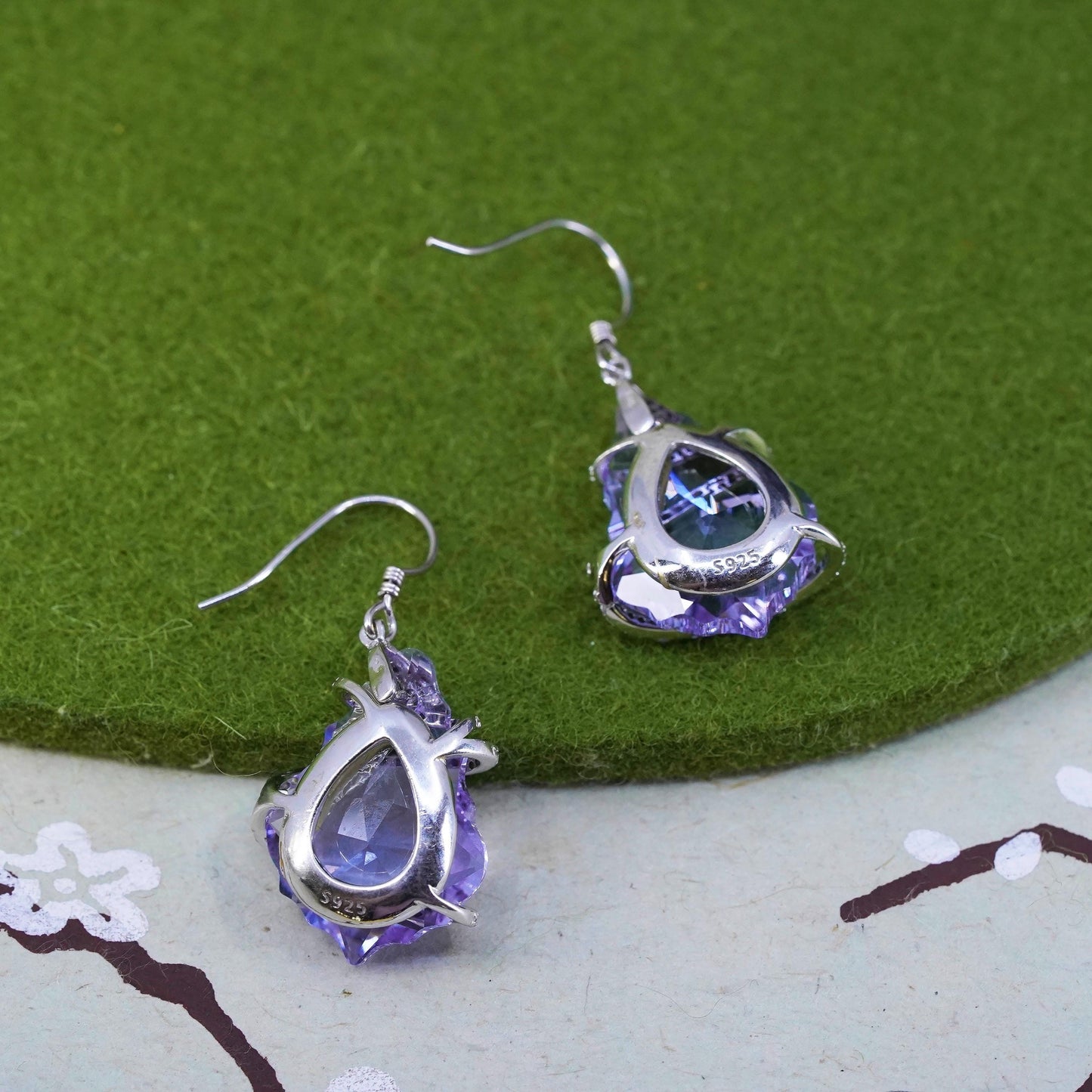 Vintage sterling 925 silver earrings with teardrop amethyst and crystal snake