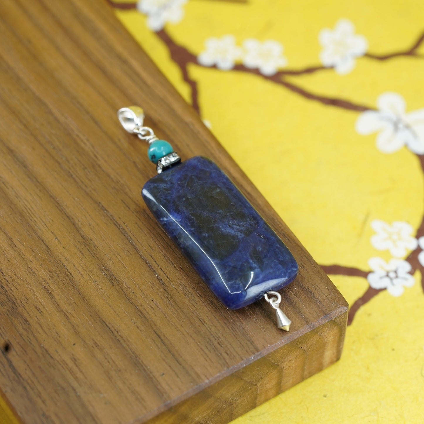 handmade Sterling 925 silver sodalite rectangular pendant and turquoise bead