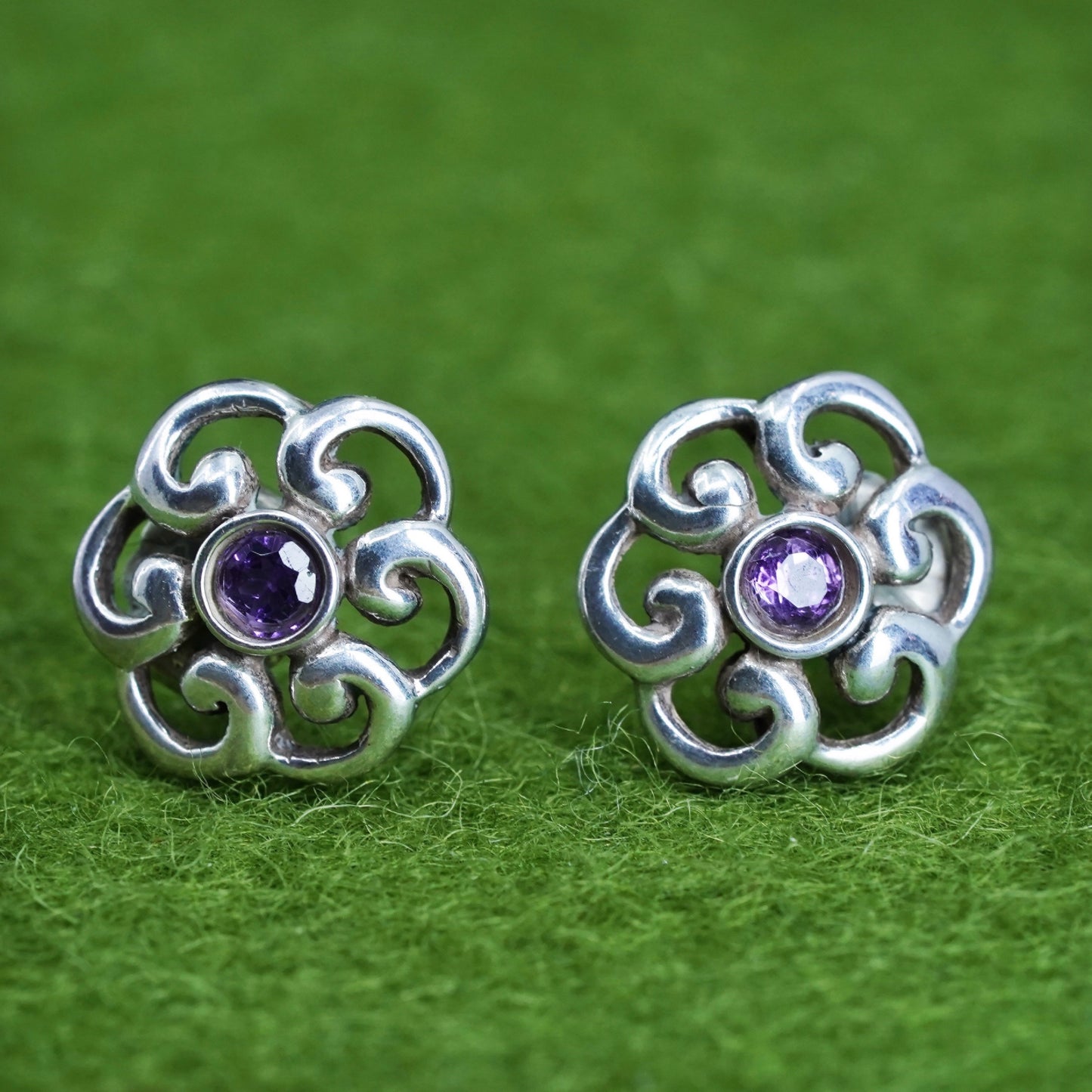 Vintage Sterling silver handmade earrings, 925 flower studs with amethyst