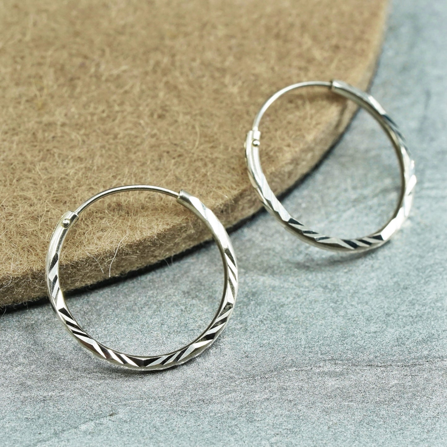 0.75”, vintage Sterling silver handmade earrings, textured 925 hoops