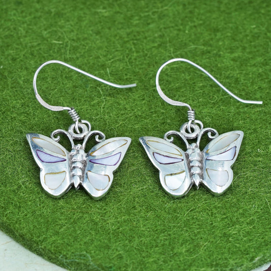 sterling silver handmade earrings, 925 butterfly with mother of pearl inlay