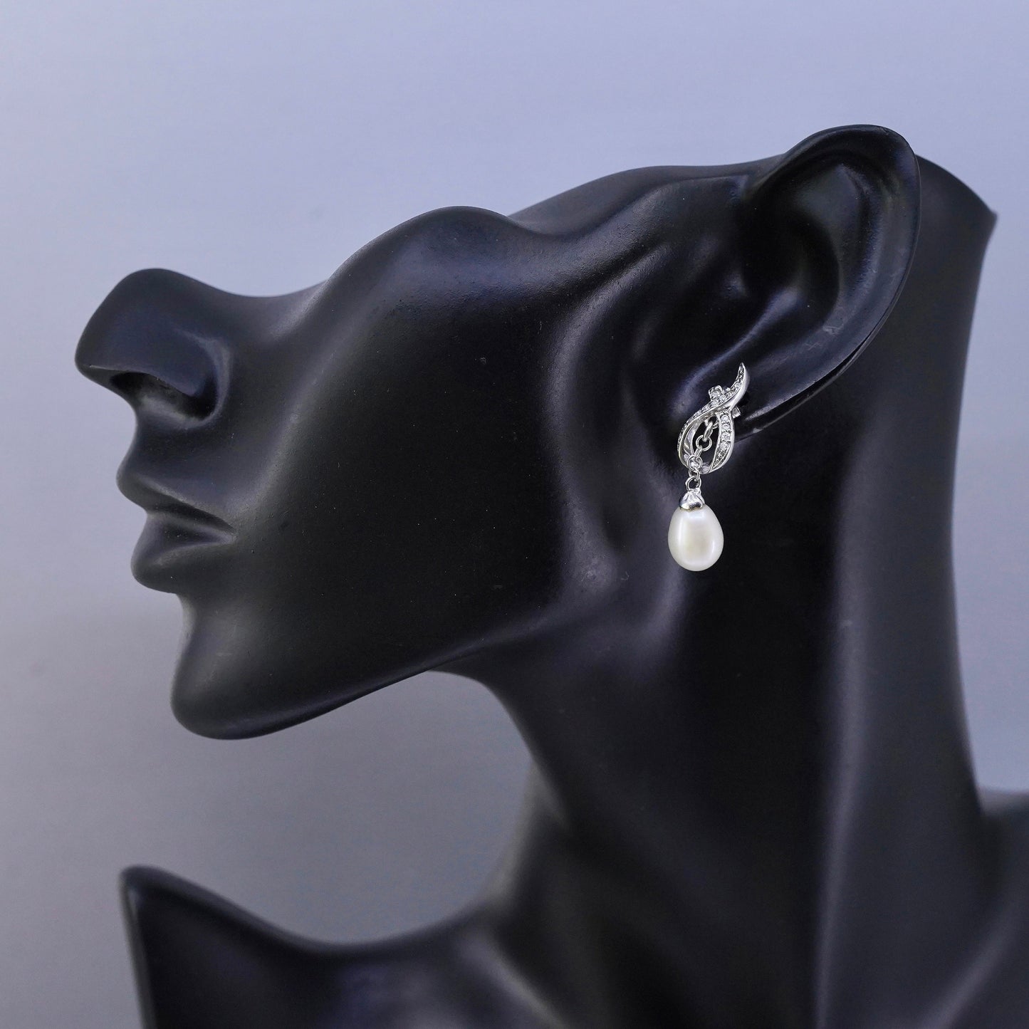 Vintage Sterling 925 silver handmade earrings with teardrop pearl and Cz