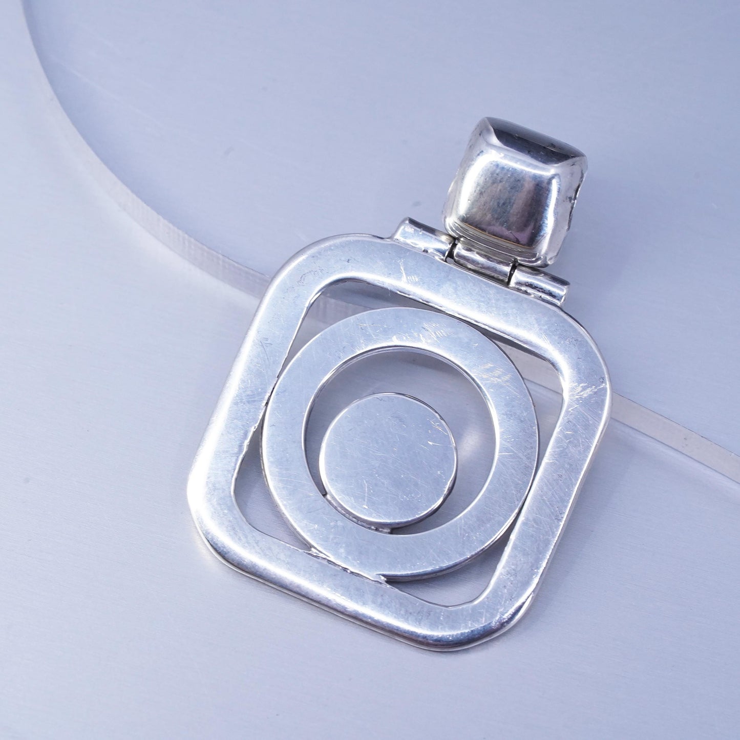 Vintage sterling 925 silver handmade modern square circle pendant