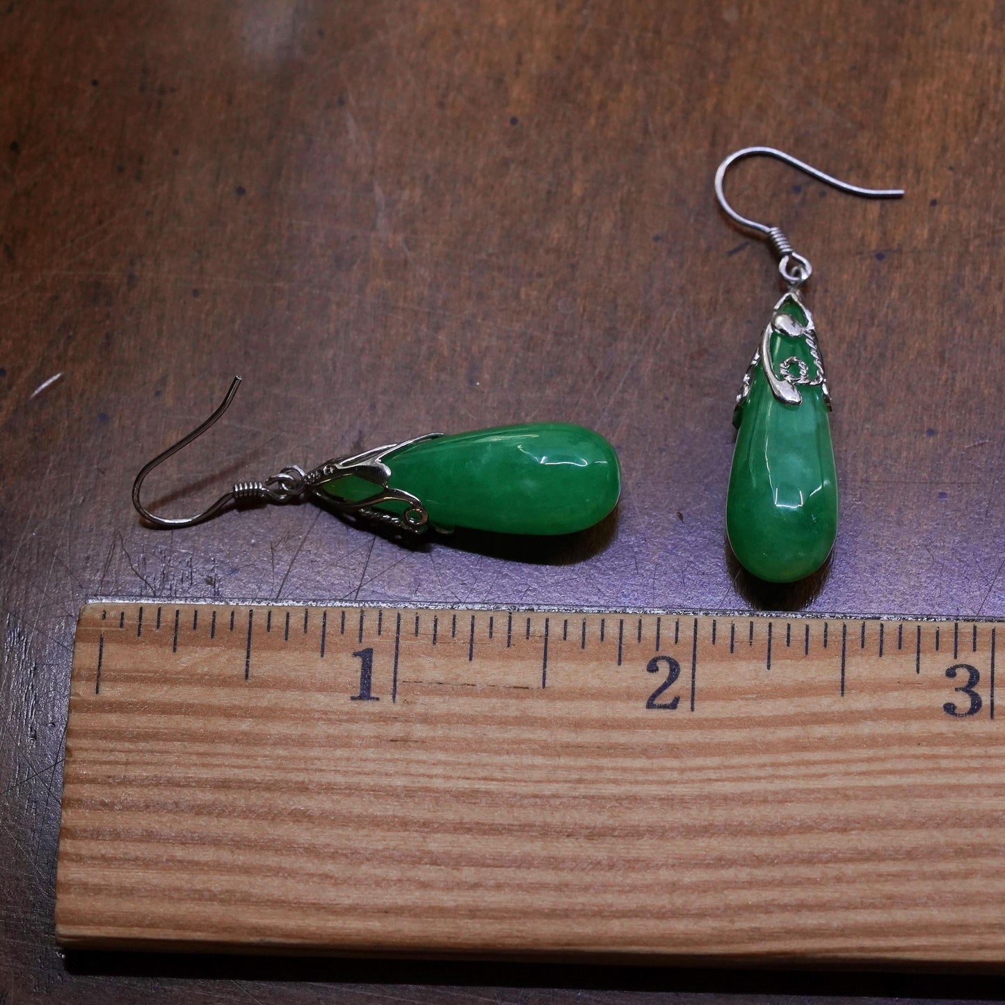 Vintage sterling 925 silver handmade earrings with teardrop jade