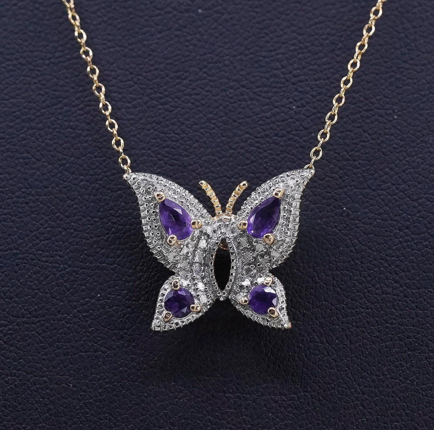 18", Vermil gold sterling silver necklace, 925 chain butterfly pendant amethyst