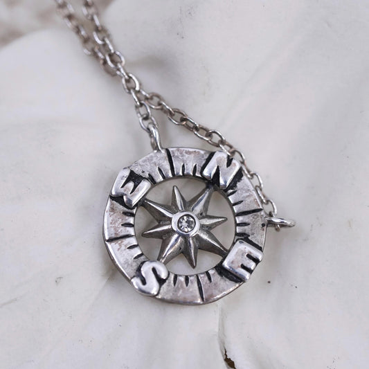 16+2”, Vintage sterling silver necklace, 925 circle chain with compass pendant