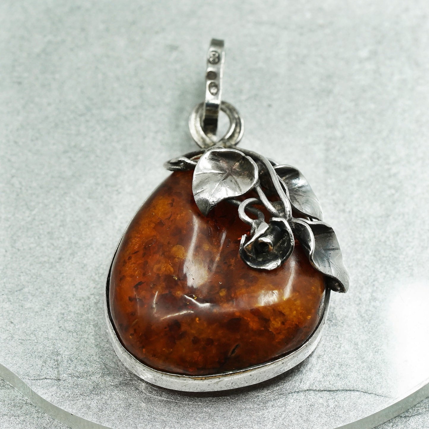 Vintage southwestern sterling 925 silver handmade pendant with amber and leaves