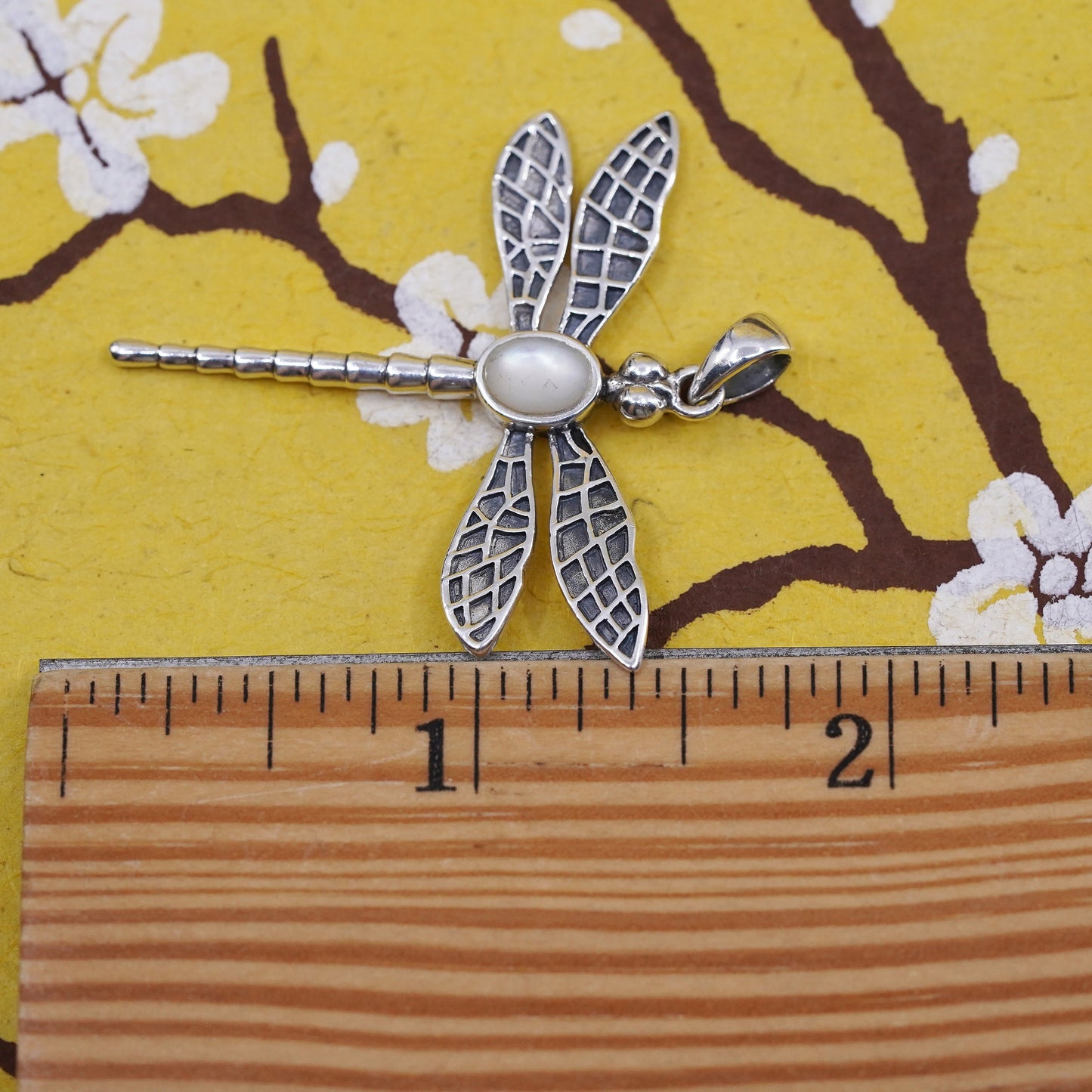 Vintage Sterling 925 silver handmade dragonfly pendant with mother of pearl