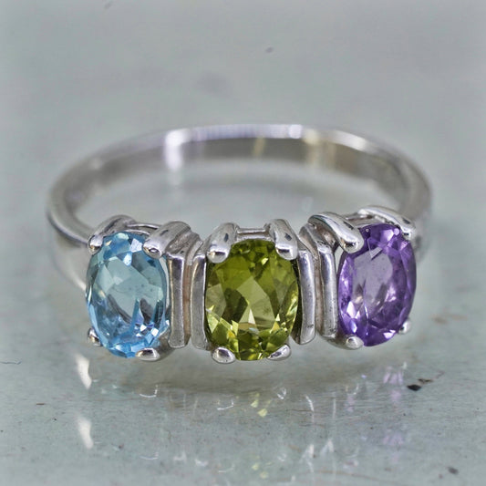 Size 9, vintage sterling 925 silver handmade ring with topaz peridot amethyst