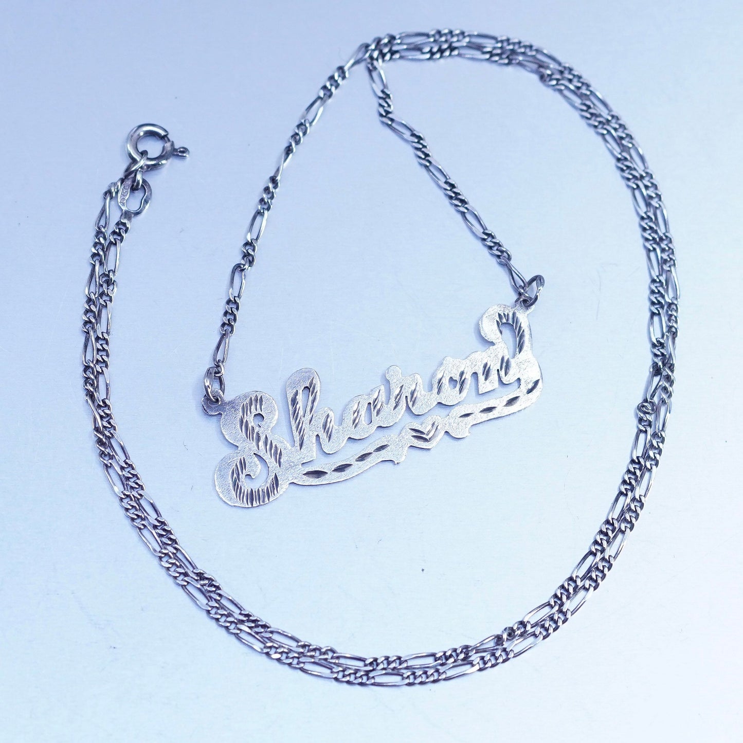 22”, Sterling 925 silver figaro chain necklace name monogram “Shannon” pendant