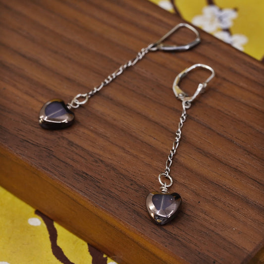 vintage handmade sterling silver earrings, 925 long dangles with glass heart