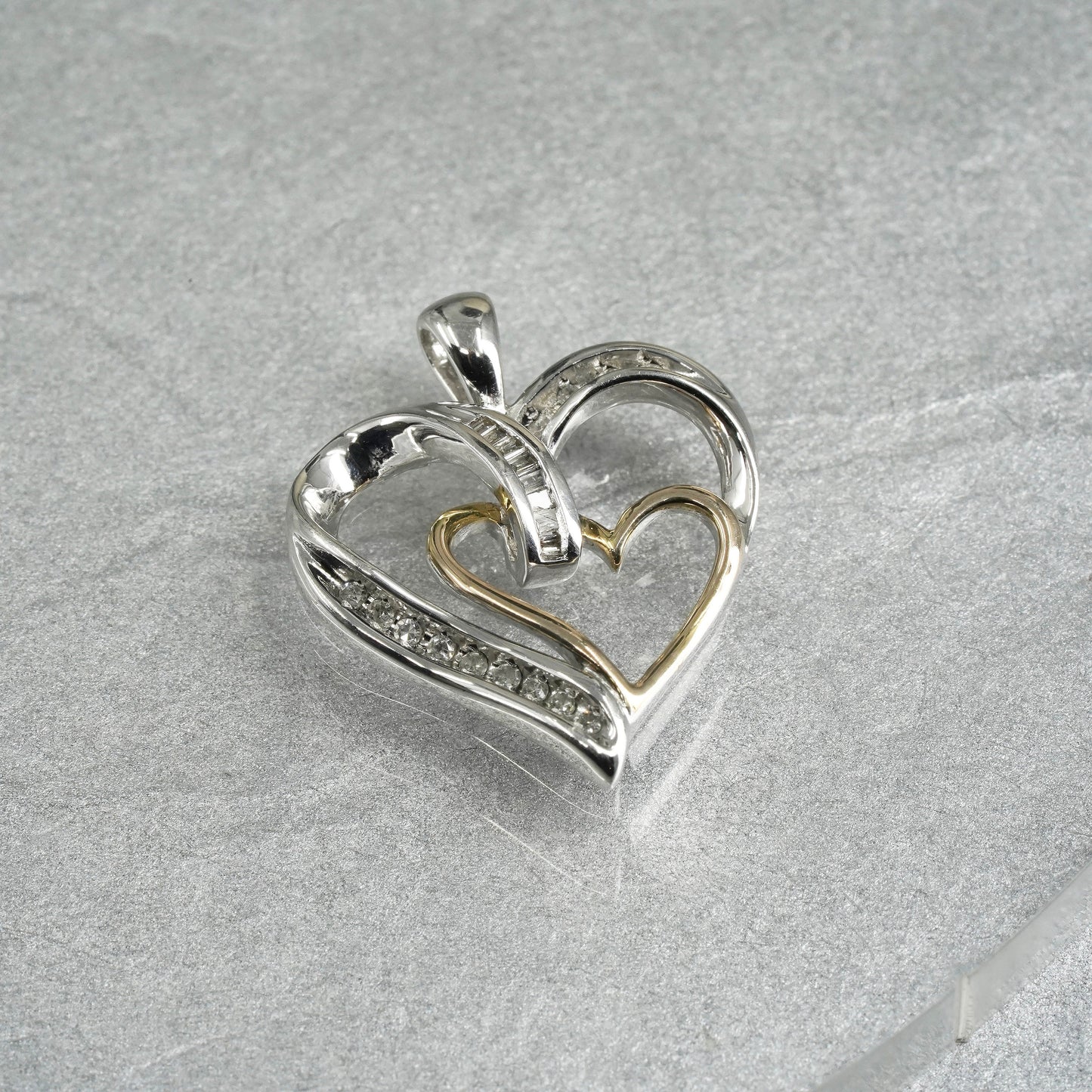 two tone sterling 925 silver double heart pendant with diamond 10K yellow gold