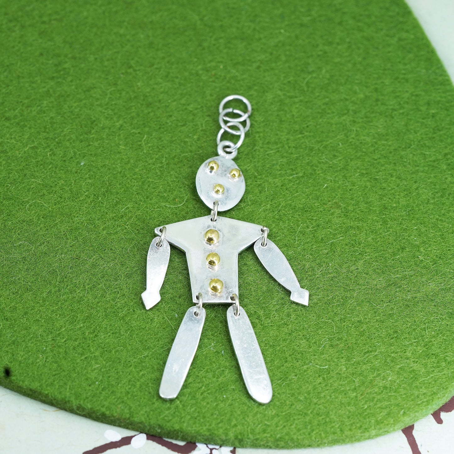 Mexican two tone sterling silver handmade pendant, 925 wiggly man Christmas pin