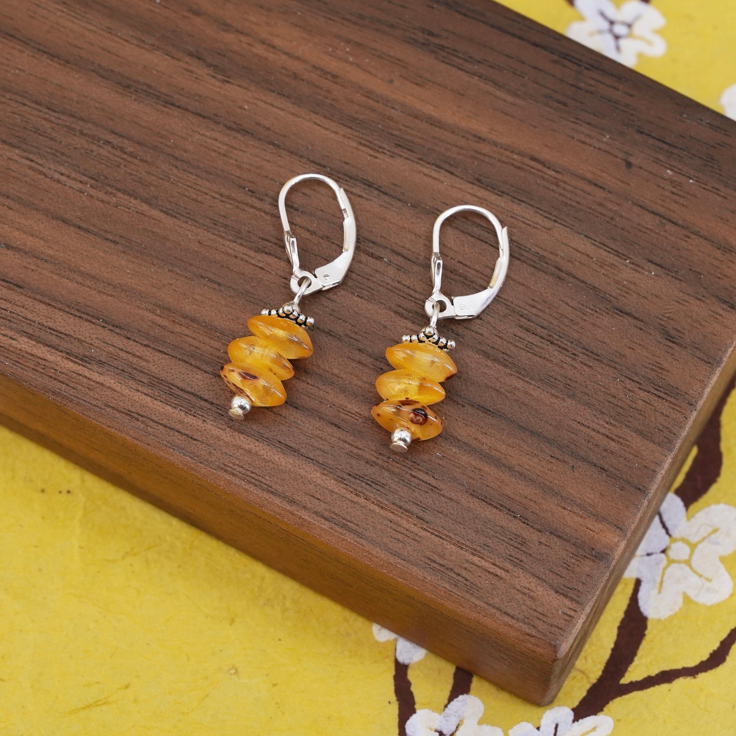 Vintage Sterling 925 silver handmade earrings with Amber nugget