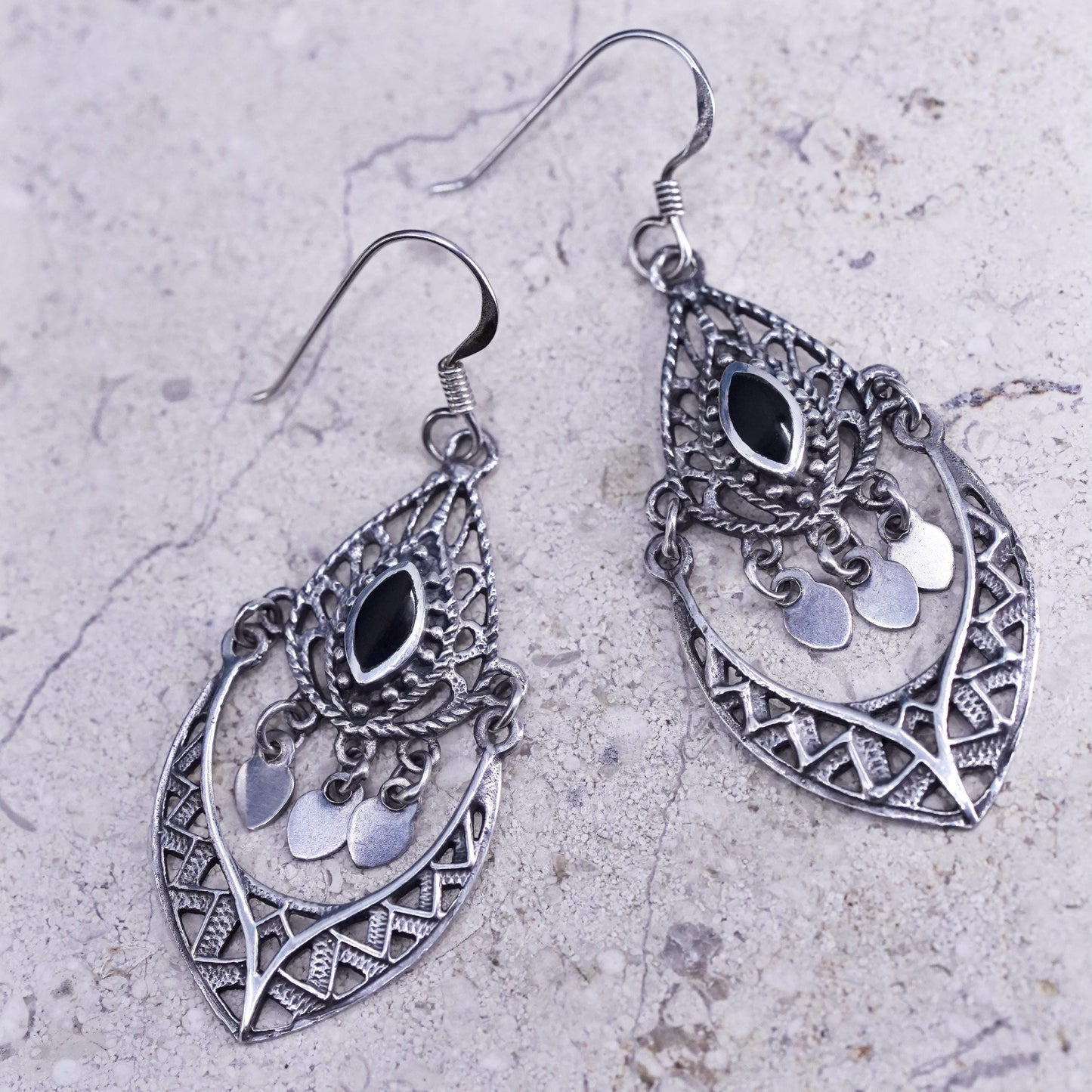 Vintage Sterling 925 Silver filigree Earrings with onyx inlay fridge dangles