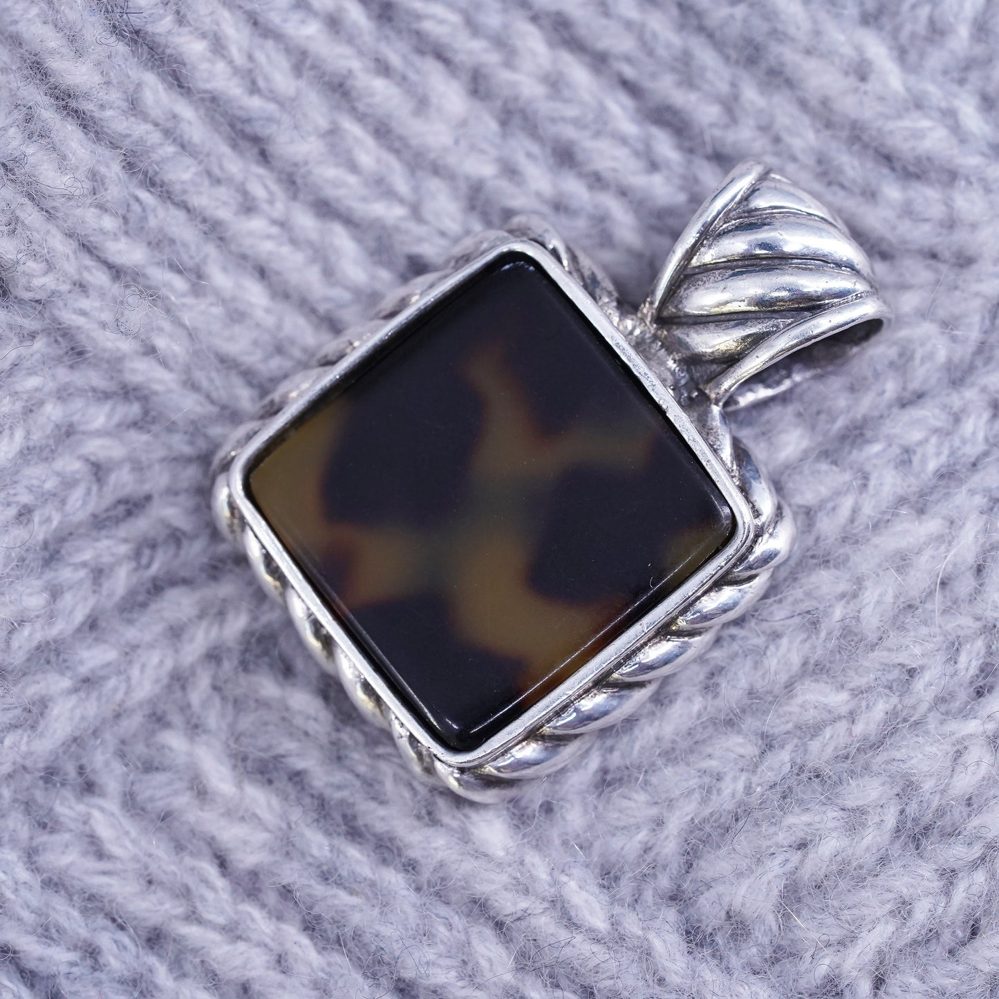 Vintage sterling 925 silver handmade square pendant with amber