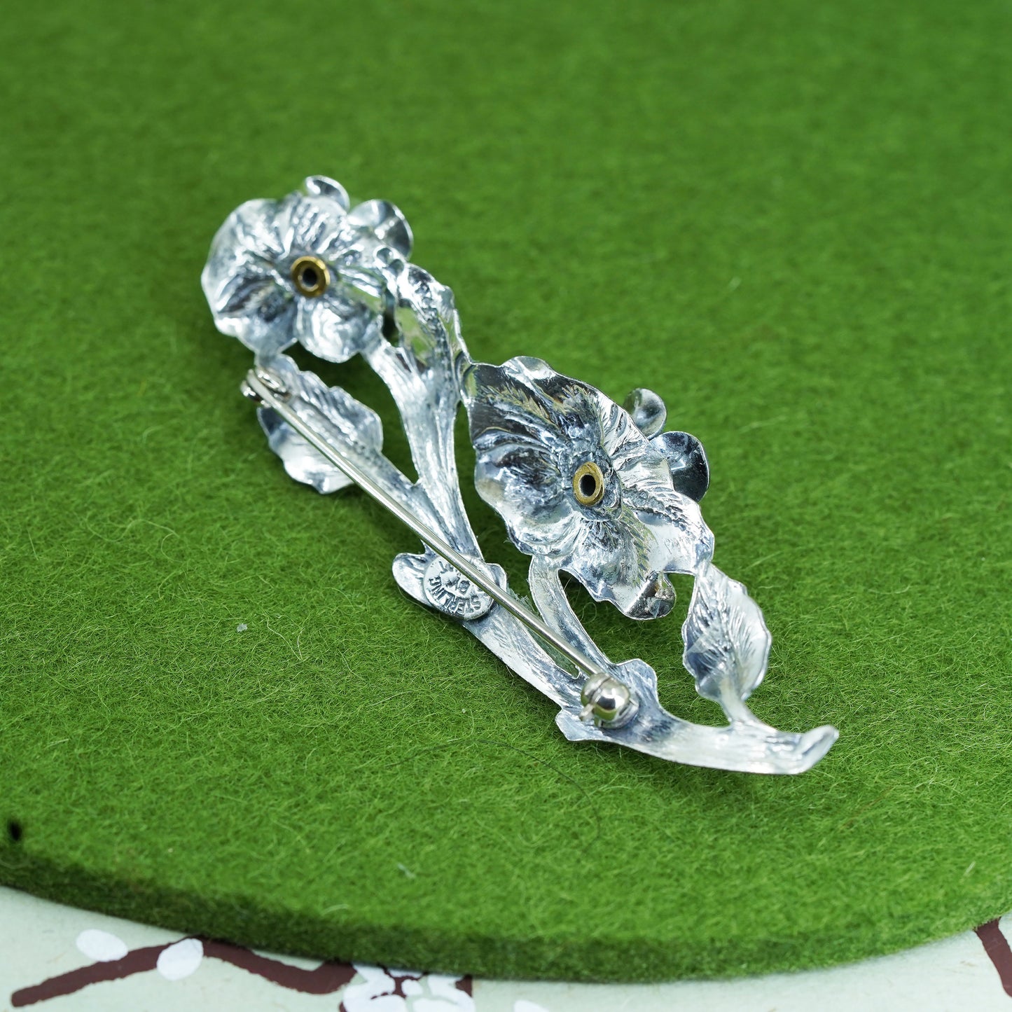 Jewel Art sterling silver handmade brooch, 925 long pin with flower details