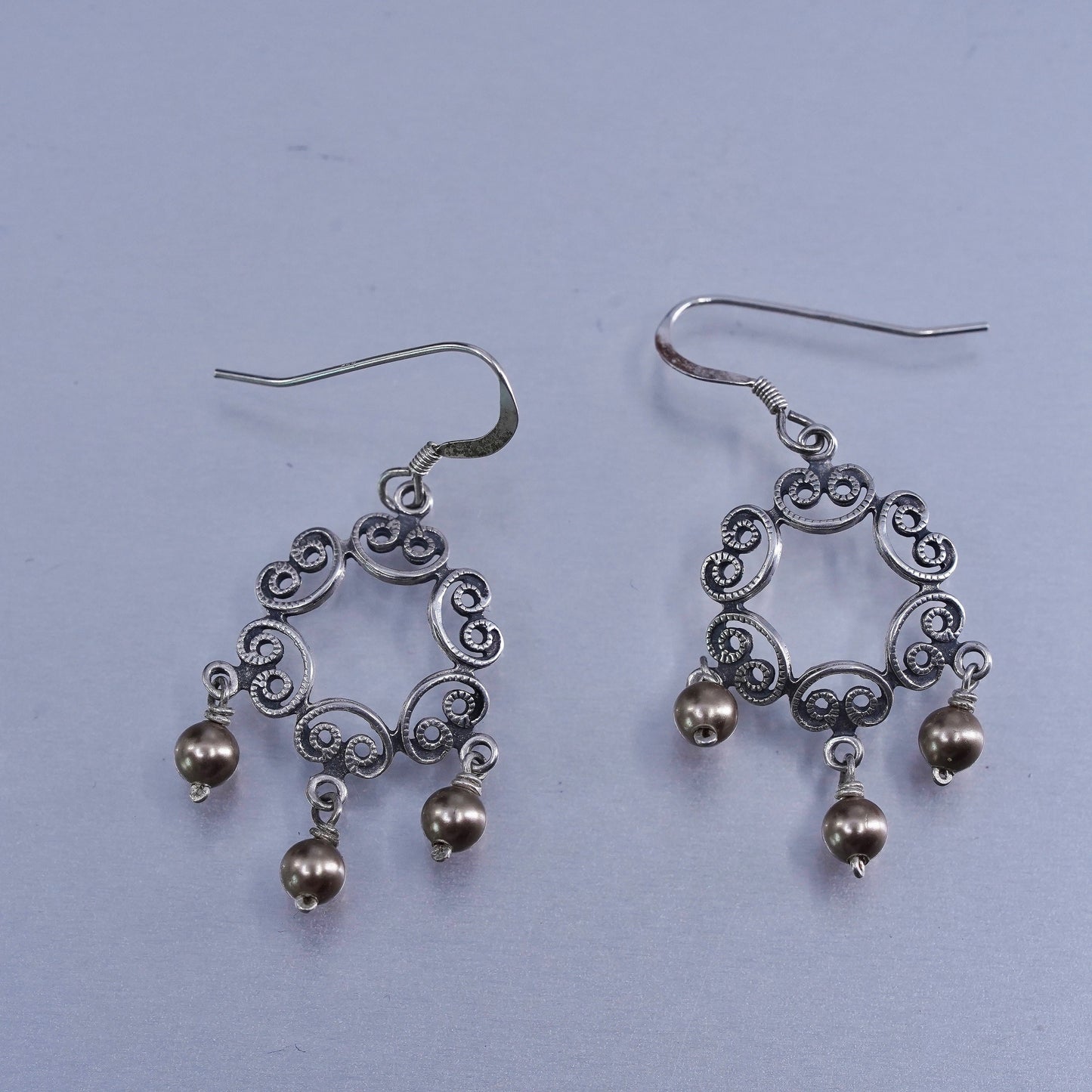 Vintage Sterling 925 silver handmade filigree earrings with pearl