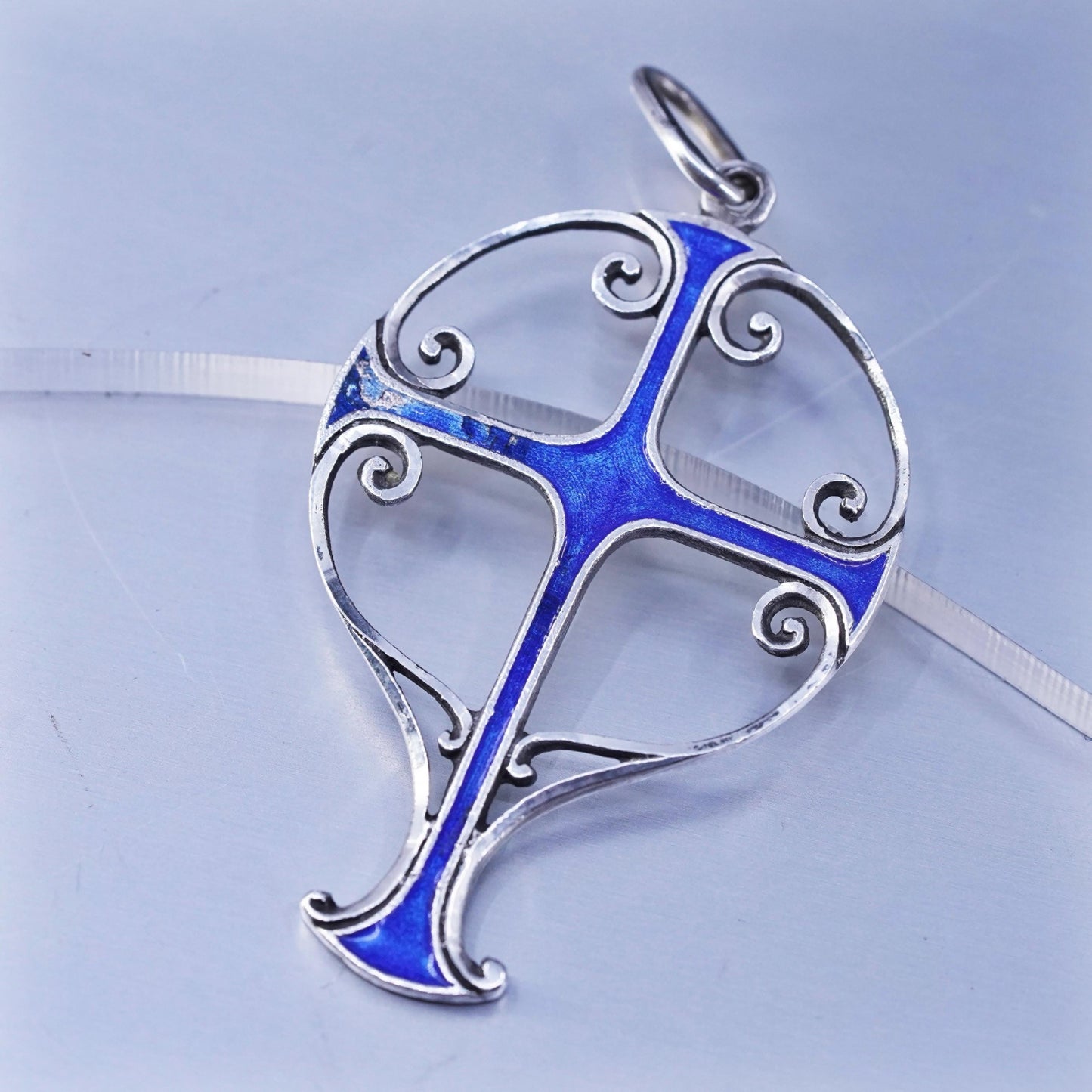 Ottaviani Jewelry, Vintage 1970s sterling 925 silver cross pendant blue enamel