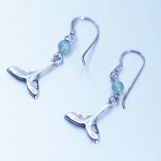 Vintage Sterling 925 silver handmade whale tail earrings with jade