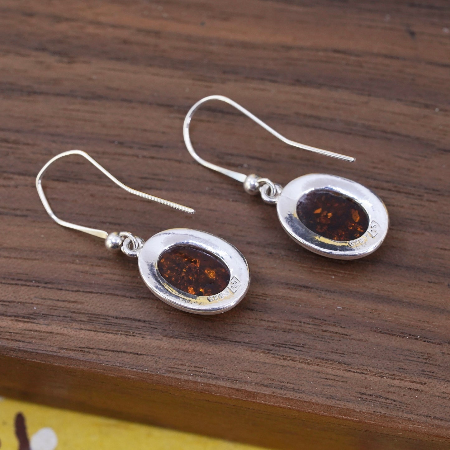 Vintage Sterling 925 silver handmade earrings with oval Amber