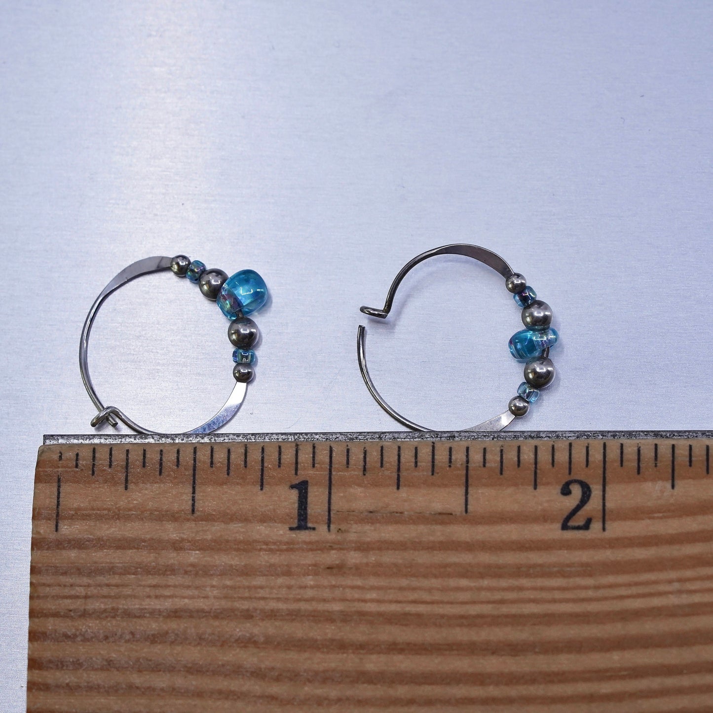 0.75”, Sterling silver handmade earrings, 925 hoops with blue glass beads