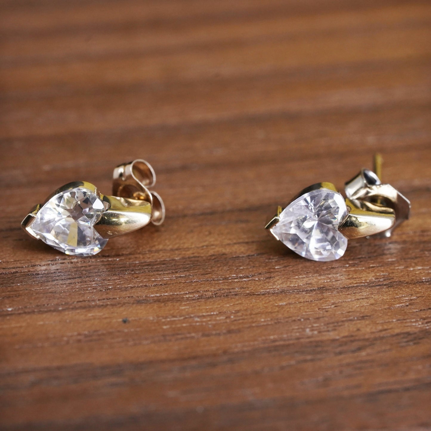 Vintage vermeil gold over Sterling silver heart earrings studs with cz