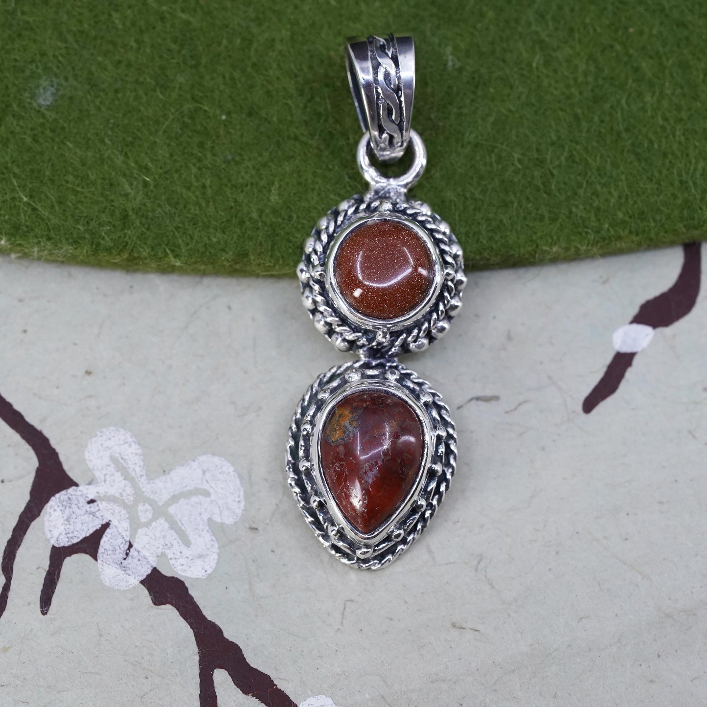 Vintage Sterling silver handmade pendant, teardrop jasper with goldstone cable